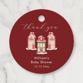 Red Cute Snow Gingerbread Village Baby Shower  フェイバータグ