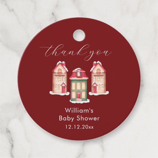 Red Cute Snow Gingerbread Village Baby Shower フェイバータグ (正面)