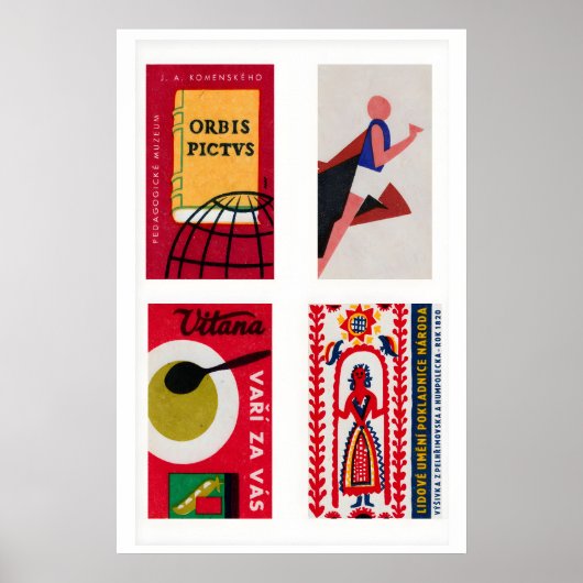 Red Czechoslovak Matchbox Labels Grid Print ポスター (正面)
