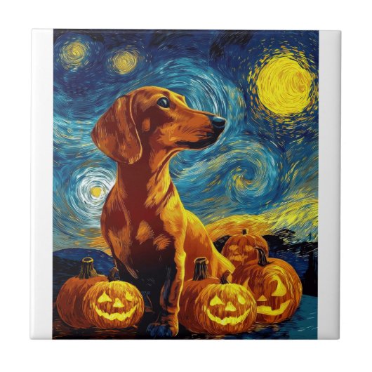 Red Dachshund of van gogh starry night halloween F タイル (正面)