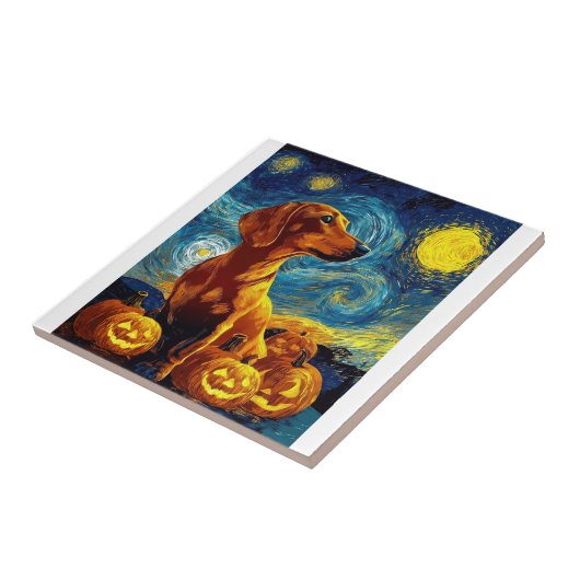 Red Dachshund of van gogh starry night halloween F タイル (側面)