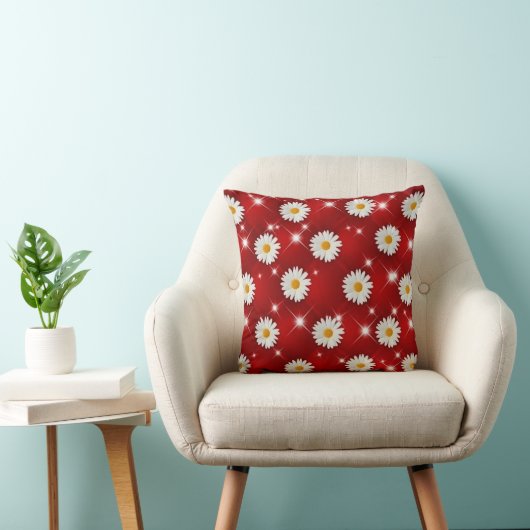 Red Daisy Floral Sparkle Throw Pillow クッション (椅子)