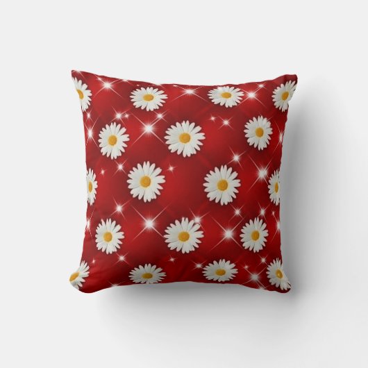 Red Daisy Floral Sparkle Throw Pillow クッション (正面)