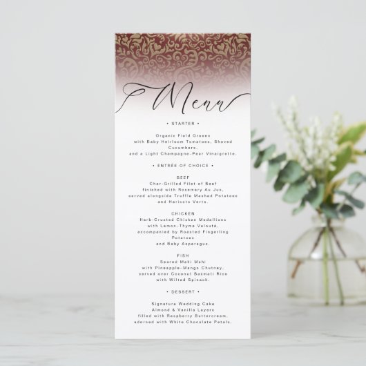 Red Damask Elegant Wedding Menu Card メニュー (スタンド正面)