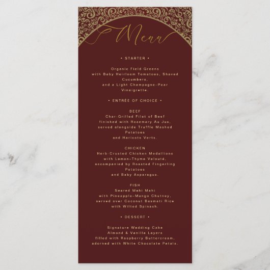 Red Damask Elegant Wedding Menu Card メニュー (正面)