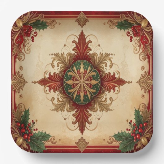 Red Decorative Christmas Holiday Paper Plate ペーパープレート (正面)