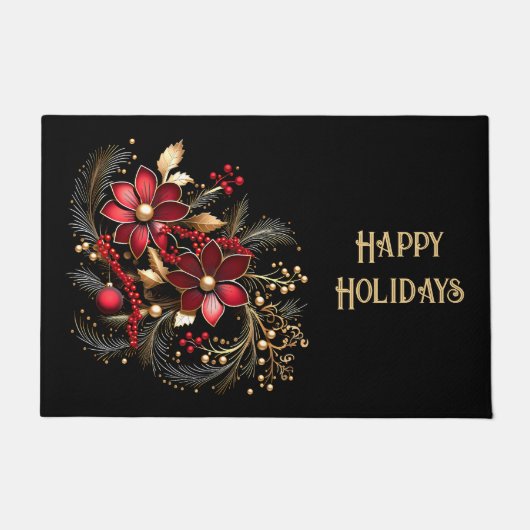 Red Decorative Flowers Holiday Doormat ドアマット (正面)