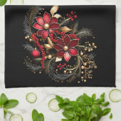 Red Decorative Flowers Holiday Kitchen Towel キッチンタオル (折り畳み)
