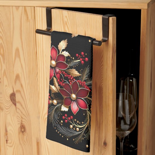 Red Decorative Flowers Holiday Kitchen Towel キッチンタオル (三つ折り)