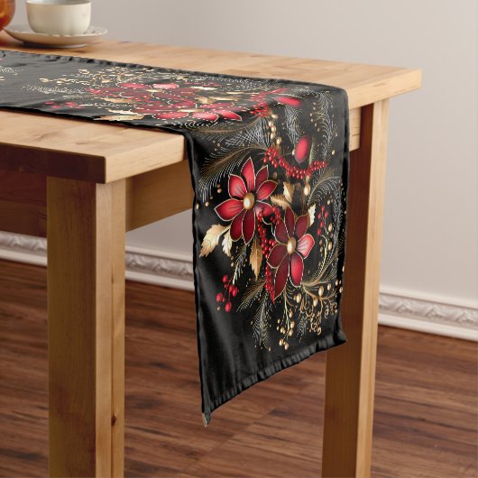 Red Decorative Flowers Holiday Table Runner ミディアムテーブルランナー (インサイチュ)