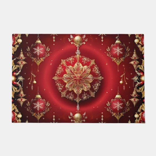 Red Decorative Ornaments Holiday Doormat ドアマット (正面)