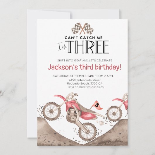 Red Dirt Bike 3rd birthday - Cant catch me 招待状 (正面)
