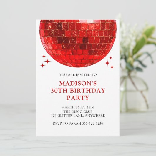 Red Disco Ball 30th Birthday Disco Party 招待状 (スタンド正面)