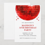 Red Disco Ball 30th Birthday Disco Party 招待状 (正面/裏面)