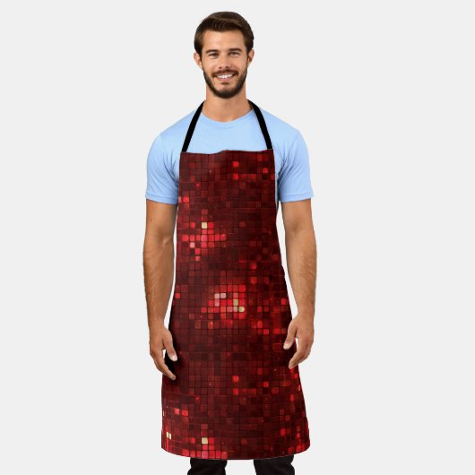 Red Disco Style Squares Valentine Pattern エプロン (着用した状態)