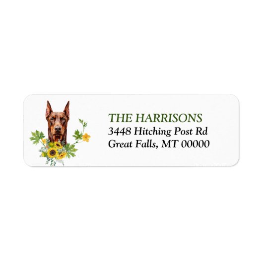 Red Doberman Pinscher Sunflower Return Address ラベル (正面)
