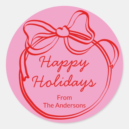 Red Doodle Bow Frame Custom Holiday ラウンドシール (正面)