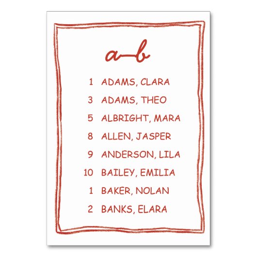 Red Doodle Numeric Wedding Seating Chart Card テーブルナンバー (正面)