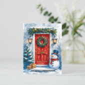 Red Door with Snowman Cozy Christmas Postcard シーズンポストカード (スタンド正面)