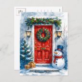 Red Door with Snowman Cozy Christmas Postcard シーズンポストカード (正面/裏面)