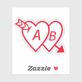 Red Double Hearts with Cupids Arrow and Initials シール
