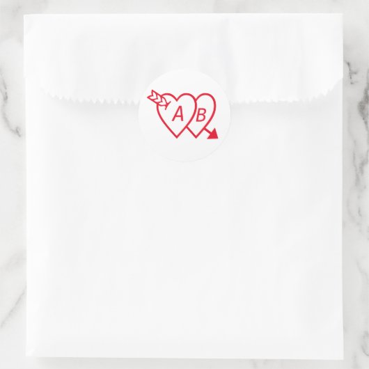 Red Double Hearts with Cupids Arrow and Initials ラウンドシール (バッグ)