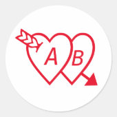 Red Double Hearts with Cupids Arrow and Initials ラウンドシール (正面)