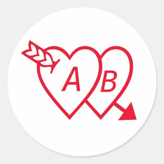 Red Double Hearts with Cupids Arrow and Initials ラウンドシール (正面)