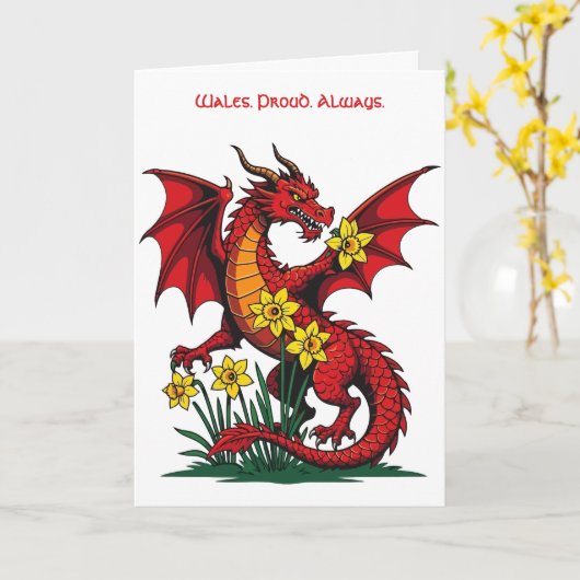 Red Dragon Amongst Daffodil Flowers カード (黄色い花)