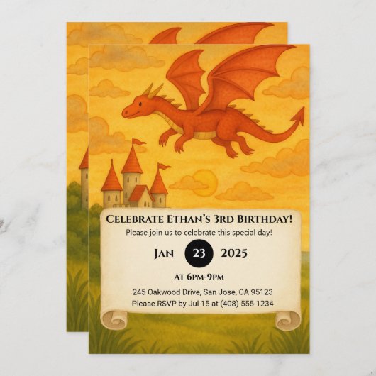 Red Dragon Flying Over Cliffside Castle Birthday 招待状 (正面/裏面)