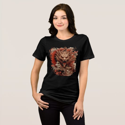 Red Dragon in Storm with Chrysanthemums トライブレンドTシャツ (正面全面)