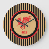 Red Dragon with Regal Gold Black Stripes Monogram ラージ壁時計 (正面)