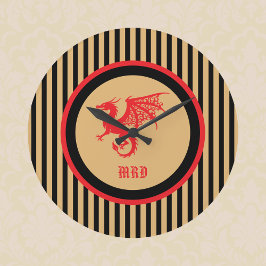 Red Dragon with Regal Gold Black Stripes Monogram ラージ壁時計