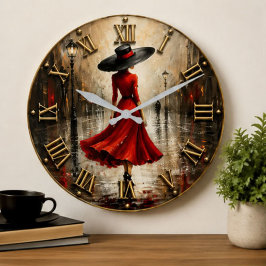 Red Dress Woman Paris Street Art ラージ壁時計
