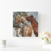 Red Dun & Palomino Winter Horsesの写真ウマ科の スクエア壁時計 (ホーム)