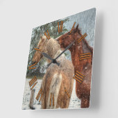Red Dun & Palomino Winter Horsesの写真ウマ科の スクエア壁時計 (傾斜)