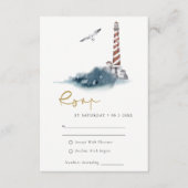 RED DUSKY BLUE LIGHTHOUSE SEA WAVES WEDDING RSVP エンクロージャーカード (正面)