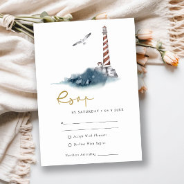 RED DUSKY BLUE LIGHTHOUSE SEA WAVES WEDDING RSVP エンクロージャーカード