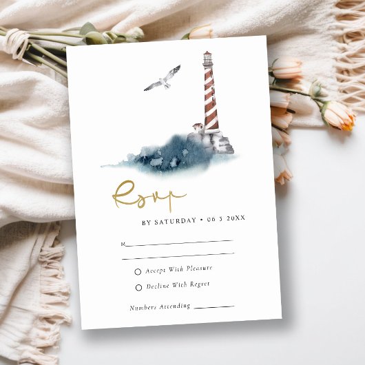 RED DUSKY BLUE LIGHTHOUSE SEA WAVES WEDDING RSVP エンクロージャーカード