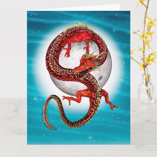 Red Eastern Dragon - Mythical Fantasy Creature カード (黄色い花)