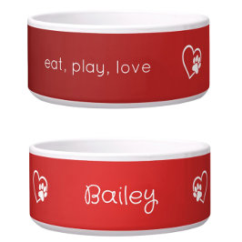 Red 'eat, play, love' Dog Name Bowl ボウル