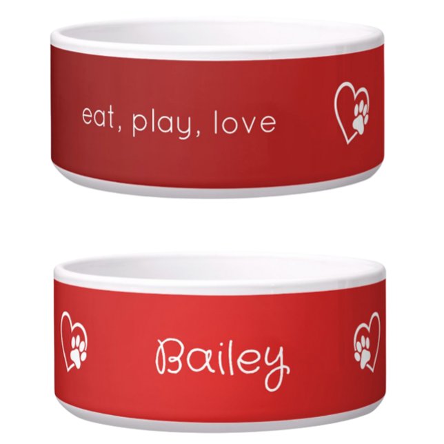 Red 'eat, play, love' Dog Name Bowl ボウル (クリエイターアップロード済み)