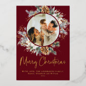 Red Elegant Botanical Typography 1 Photo Christmas 箔シーズンカード (正面)