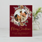Red Elegant Botanical Typography 1 Photo Christmas 箔シーズンカード (立ち正面)