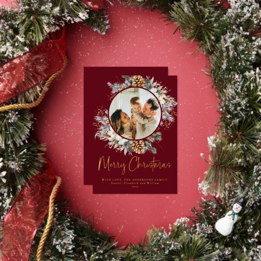 Red Elegant Botanical Typography 1 Photo Christmas 箔シーズンカード (インサイチュ)