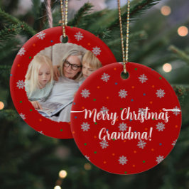 Red elegant snowflakes and dots custom photo セラミックオーナメント