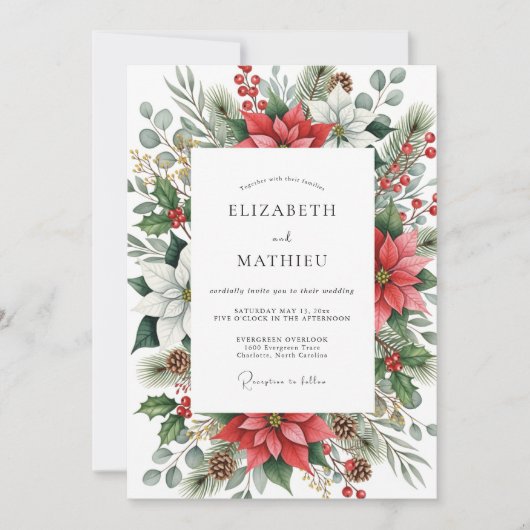 Red Emerald Green Lush Winter Wedding 招待状 (正面)