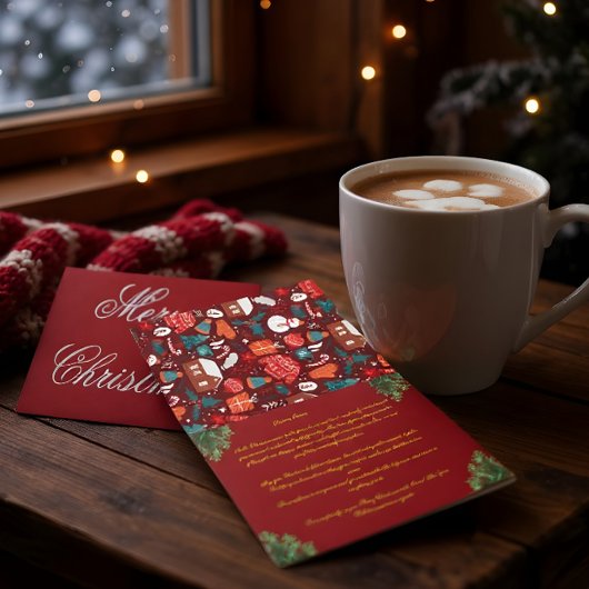 Red Family Christmas Card with Letter サンキューカード