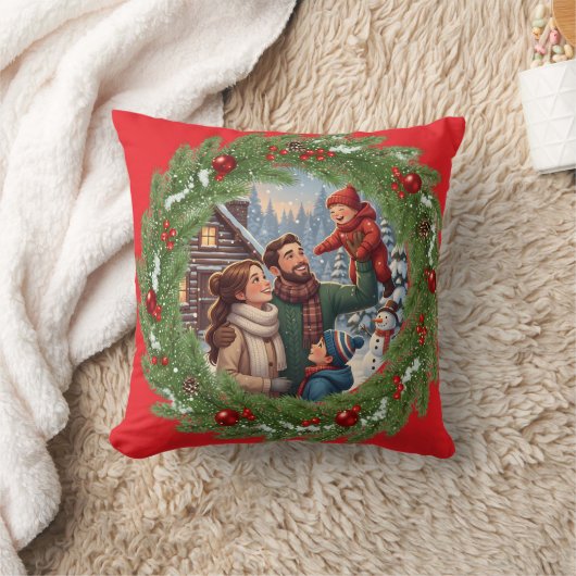 ❄️ Red Family Pillow with Winter Tree Frame ❄️ クッション (ブランケット)