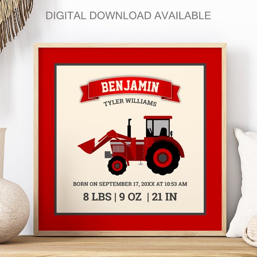 Red Farm Tractor Baby Birth Stats ポスター